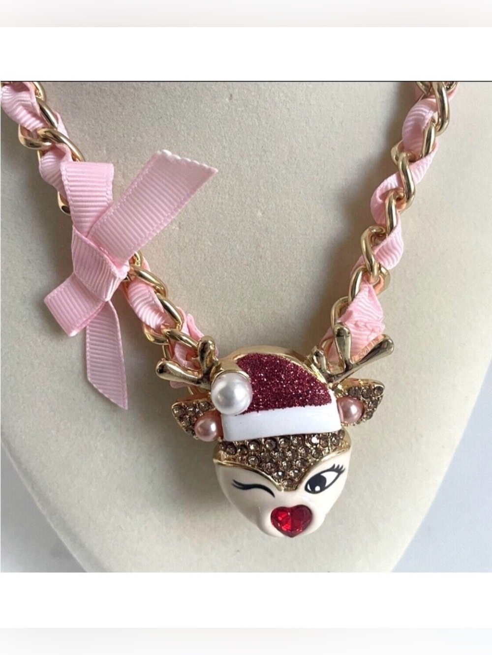 BETSEY JOHNSON Christmas Winking Rudolph the Red-Nosed Reindeer Necklace NEW NWT